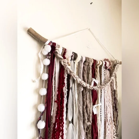 Boho Fiber Art Wall Hanging Macrame Ecru Red Brown Handcrafted Mixed Media Decor - Picture 4 of 7